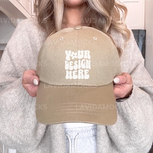 Kahki Hat Mockup Kahki  Yupoong 6245CM Dad Hat Mockup Baseball Kahki Female Mockup Dad Cap Mockup Female Hat Mockup Trendy Hat Mockup