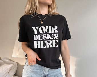 Black Comfort Colors 1717 Mockup Comfort Colors Black shirt mockup female black comfort colors shirt mockup 1717 model mockup