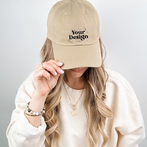 Kahki Hat Mockup Kahki  Yupoong 6245CM Dad Hat Mockup Baseball Kahki Female Mockup Dad Cap Mockup Female Hat Mockup Trendy Hat Mockup