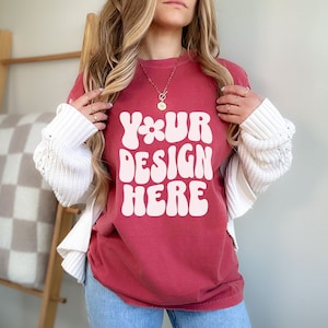 Crimson Comfort Colors 1717 Mockup Comfort Colors crimson mockup female crimson comfort colors shirt mockup for print on demand