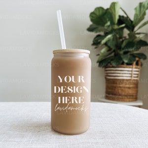 Frosted Sipper Glass Mockup 16 oz Glass Can Mockup Frosted Beer Can Glass Mockup Glass Can Mockup Soda Glass Can with Plastic Straw