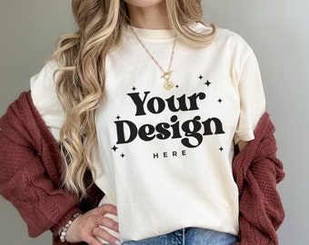 Ivory Comfort Colors 1717 Mockup Comfort Colors ivory mockup female ivory comfort colors mockup for print on demand ivory POD mockup shirt