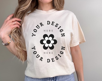 Ivory Comfort Colors 1717 Mockup Comfort Colors ivory mockup female ivory comfort colors mockup for print on demand ivory POD mockup shirt