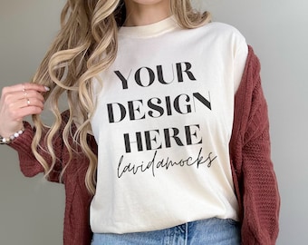 Ivory Comfort Colors 1717 Mockup Comfort Colors ivory mockup female ivory comfort colors mockup for print on demand ivory POD mockup shirt
