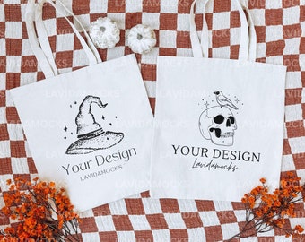 Mockup canvas draagtas Halloween Fall Real Life mock-up canvas draagtas Printify canvas draagtasmodel voor print on demand Halloween-tasmodel