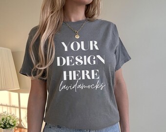 Grey Comfort Colors 1717 Mockup Comfort Colors Grey tshirt mockup female Grey comfort colors shirt mockup for print on demand grey 1717