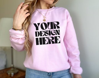 Gildan 18000 light pink Mockup light pink gildan 18000 sweatshirt mockup trendy female light pink gildan 18000 mockup for print on demand
