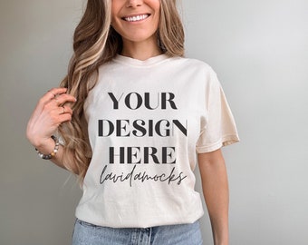 Ivory Comfort Colors 1717 Mockup Comfort Colors ivory mockup female ivory comfort colors mockup for print on demand ivory POD mockup shirt