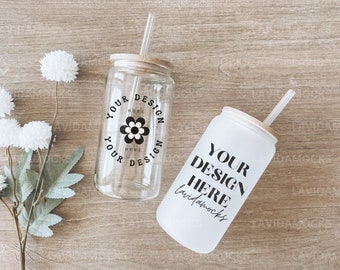 Maqueta de lata de vidrio para sorber esmerilado Maqueta de dos latas de vidrio Libbey de 16 oz Maqueta de vidrio de lata de cerveza Lata de vidrio de soda de vidrio Libbey real con pajita de plástico