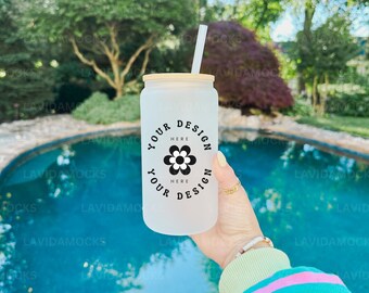Maqueta de lata de vidrio para sorber de verano Maqueta de lata de vidrio esmerilado de 16 oz Maqueta de vidrio para sorber esmerilado Real Libbey Glass Lata de vidrio para soda Pajita de plástico