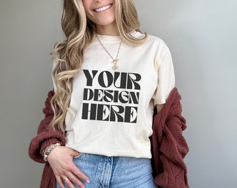Ivory Comfort Colors 1717 Mockup Comfort Colors ivory mockup female ivory comfort colors mockup for print on demand ivory POD mockup shirt