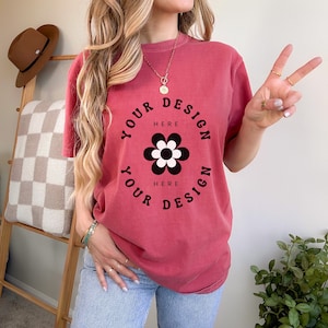 Crimson Comfort Colors 1717 Mockup Comfort Colors crimson mockup POD female crimson comfort colors shirt mockup for print on demand