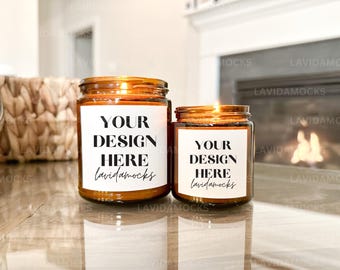 Printed Mint Amber Candle 9oz Mockup 9oz Amber Candle Mockup Lifestyle Two Candle Mockup Print on Demand Candle Mockup 4oz Candle Mockup