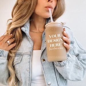 Frosted Glass Can Mockup 16 oz Glass Can Mockup Frosted a Beer Can Glass Mockup Glass Can Mockup Model Soda Glass Can with Plastic Straw