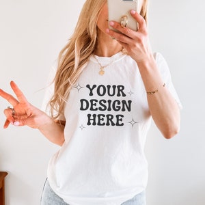 White Comfort Colors 1717 Mockup Comfort Colors White tshirt mockup female white comfort colors shirt mockup 1717 model mockup