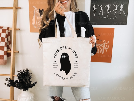 Halloween Tote Bag Mockup for Fall Real Person Tote Mockup for Printify Canvas Tote Bag Mockup for Print on Demand Bag Halloween Mockup