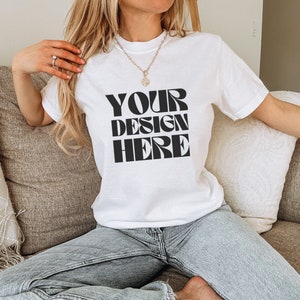 White Comfort Colors 1717 Mockup Comfort Colors White Shirt Mockup Real Person Mockup White Comfort Colors 1717 White Couch Model Mockup