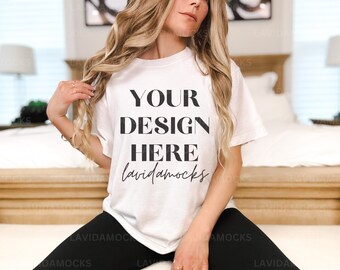 White Comfort Colors Mockup Comfort Colors White 1717 Mockup Female Model Comfort Colors Shirt Mockup for Print on Demand CC1717