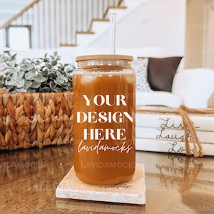Glass Can Mockup 16 oz Glass Can Mockup Beer Can Glass Mockup Glass Can Mockup Libbey Glass Mockup Neutral Soda Glass Can with Glass Straw