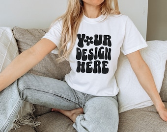 White Comfort Colors 1717 Mockup Comfort Colors White Shirt Mockup Real Person Mockup White Comfort Colors 1717 White Couch Model Mockup