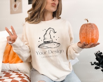 Halloween Comfort Colors 1466 Mockup Comfort Colors Ivory Mockup for Fall Sweatshirt Mockup Female Halloween Mockup Comfort Colors 1466