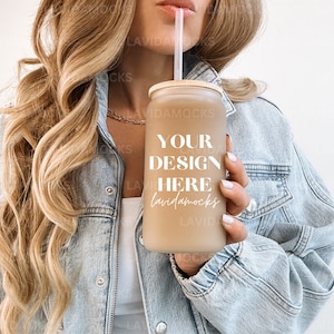 Frosted Glass Can Mockup 16 oz Glass Can Mockup Frosted Libbey Mockup for Beer Glass Can Mockup Model Soda Glass Can with Plastic Straw