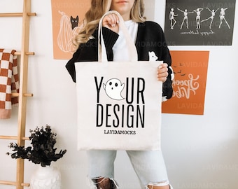 Mockup canvas draagtas voor herfst Real Life canvas draagtasmodel Printify canvas draagtasmodel voor print on demand-tas Halloween-model
