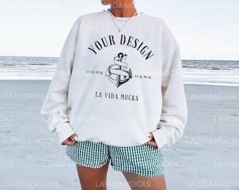 Beach Comfort Colors 1466 Ivory Mockup Comfort Colors Ivory Mockup Summer Sweatshirt Mockup Real Model Beach Mockup for Comfort Colors 1466