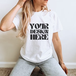 Comfort Colors 1717 Mockup for Print on Demand Comfort Colors 1717 Real Person Mockup White Comfort Colors White Female Model Mockup