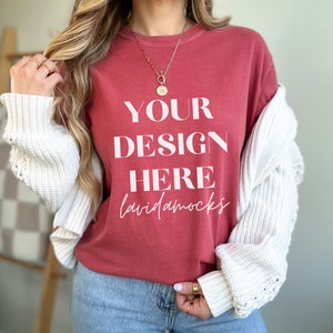 Crimson Comfort Colors 1717 Mockup Comfort Colors crimson mockup female crimson comfort colors shirt mockup for print on demand