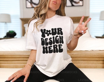 White Comfort Colors Mockup Comfort Colors White 1717 Mockup Female Model Comfort Colors Shirt Mockup for Print on Demand CC1717