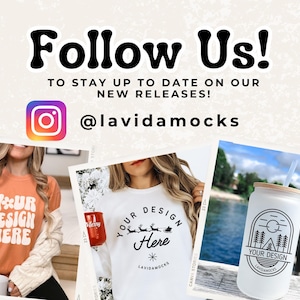 May include: A collage of three images featuring mockups for t-shirts and a tumbler. The first image shows a woman wearing an orange t-shirt with the text "Your Design Here". The second image shows a white t-shirt with the text "Your Design Here" and a small graphic of reindeer. The third image shows a white tumbler with a black and white graphic of a mountain and trees with the text "Your Design Here".