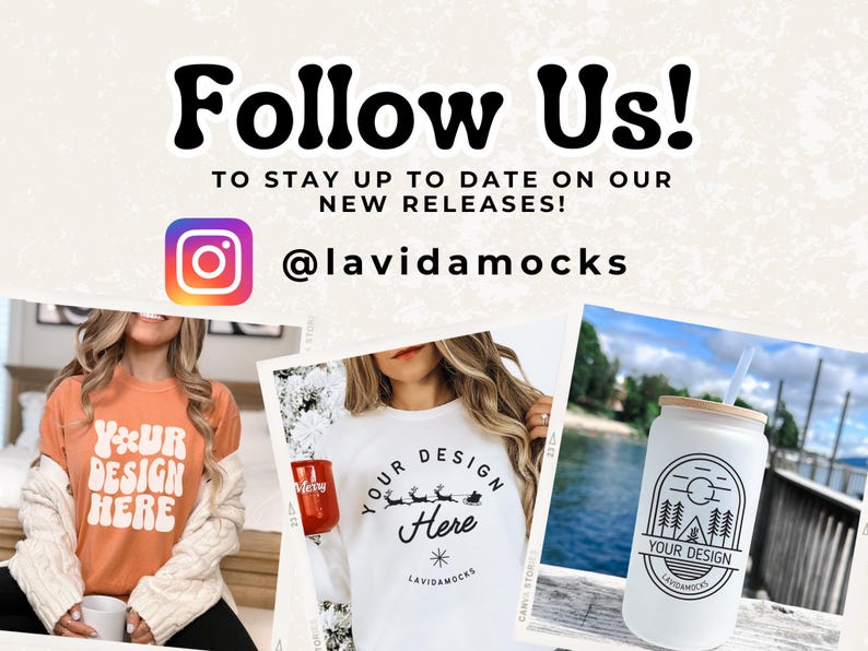 May include: A collage of three images featuring mockups for t-shirts and a tumbler. The first image shows a woman wearing an orange t-shirt with the text "Your Design Here". The second image shows a white t-shirt with the text "Your Design Here" and a small graphic of reindeer. The third image shows a white tumbler with a black and white graphic of a mountain and trees with the text "Your Design Here".