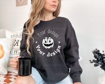 Fall Comfort Colors 1466 Mockup Comfort Colors Black Mockup Fall Sweatshirt Mockup Female Halloween Mockup Comfort Colors 1466 Coffee Mock