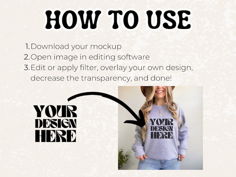 Pode incluir: Imagem mostrando instru&ccedil;&otilde;es sobre como usar um mockup. O texto diz "HOW TO USE" seguido de etapas numeradas. Um mockup de moletom &eacute; mostrado com o texto "YOUR DESIGN HERE". As etapas incluem download, edi&ccedil;&atilde;o e aplica&ccedil;&atilde;o de um design.