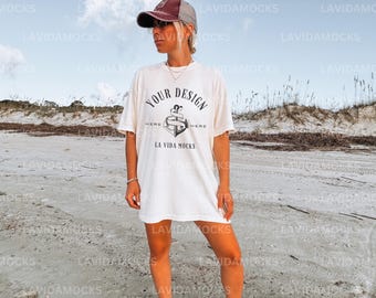 Summer Ivory Comfort Colors 1717 Mockup Comfort Colors 1717 Beach Mockup Real Model Beach Mockup Beach Comfort Colors 1717 Mockup for POD
