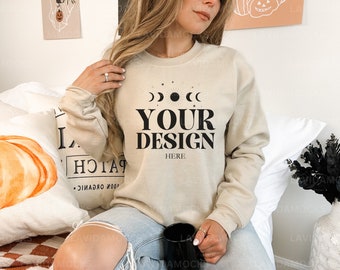 Halloween Sand Gildan 18000 Mockup for Fall Mockup for Gildan 18000 Sand Mockup Gildan 18000 Female Mockup Halloween Gildan 18000 Mockup