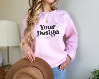 light pink Gildan 18000 Mockup gildan 18000 light pink mockup light pink sweatshirt mockup trendy female sweatshirt pink gildan mockup