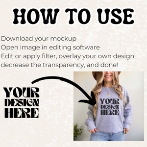 Puede incluir: Una maqueta de sudadera gris con el texto "YOUR DESIGN HERE" impreso en la parte delantera. Las instrucciones para usar la maqueta se proporcionan en la imagen.