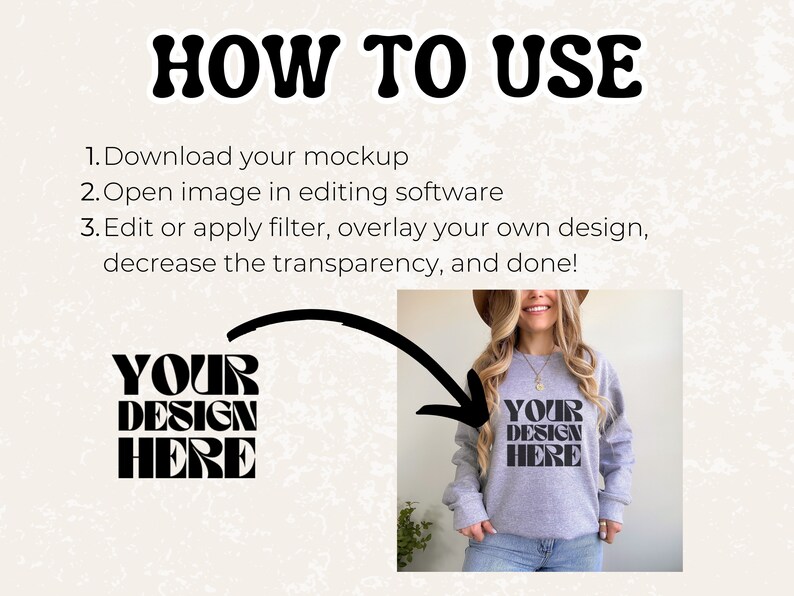Puede incluir: Una maqueta de sudadera gris con el texto "YOUR DESIGN HERE" impreso en la parte delantera. Las instrucciones para usar la maqueta se proporcionan en la imagen.