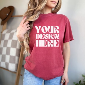 Crimson Comfort Colors 1717 Mockup Comfort Colors crimson mockup female crimson comfort colors shirt mockup for print on demand