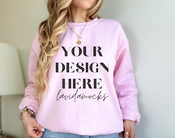 light pink Gildan 18000 sweatshirt Mockup light pink gildan 18000 sweatshirt mockup trendy female sweatshirt pink mockup gildan 18000