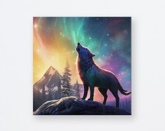 Wolf Canvas Wall Art, Northern Lights Animal Portrait, Wildlife Home Decor