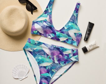 Recycelter Bikini mit hoher Taille und Wal-Ozean-Print