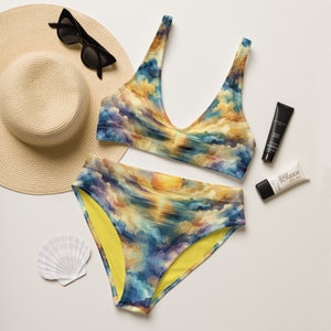Sunset and clouds ocean themed recycled high-waisted bikini, cute bathing suit for ocean lovers
