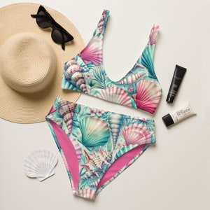 Trendy beach sea shells recycled high-waisted bikini, ocean themed swimwear