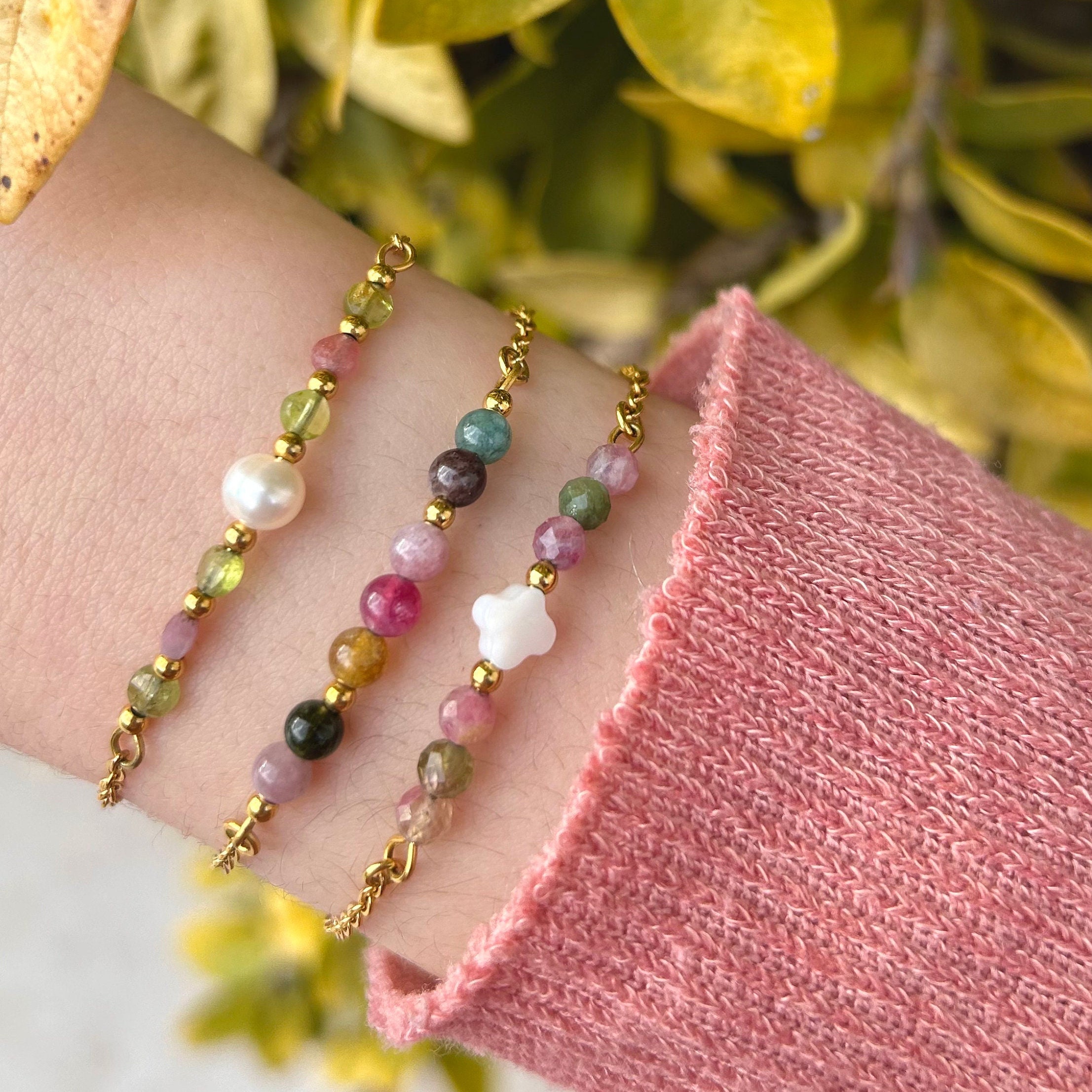Bracelet Femme Pierre Naturelle Et Tourmaline - Perles D'Eau Douce Plaqué Or 18k - Cadeau Anniversaire, Noël, Maman - Taille 16cm + 3cm - 8