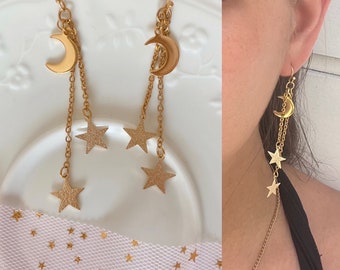 boucles d'oreilles étoile et lune, boucles d'oreilles pendantes, boucles d'oreilles dorée, fait main, cadeaux pour elle, cadeaux maman