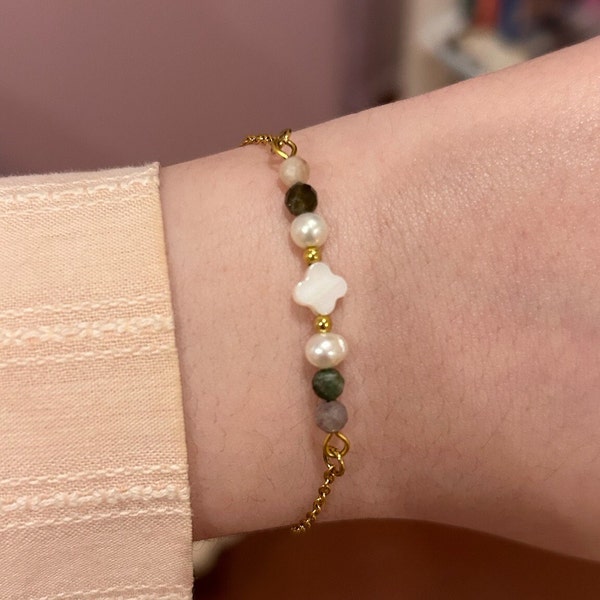 bracelet trèfle en nacre, avec des perles d'eau douce et des pierres naturelles de tourmaline, bracelet en acier inoxydable, cadeau maman