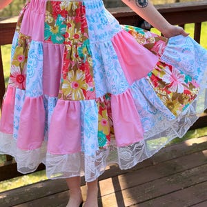 Pink and Blue Floral Patchwork Skirt with Lace Hem | Handmade Cottagecore Boho Maxi Skirt | One of a Kind